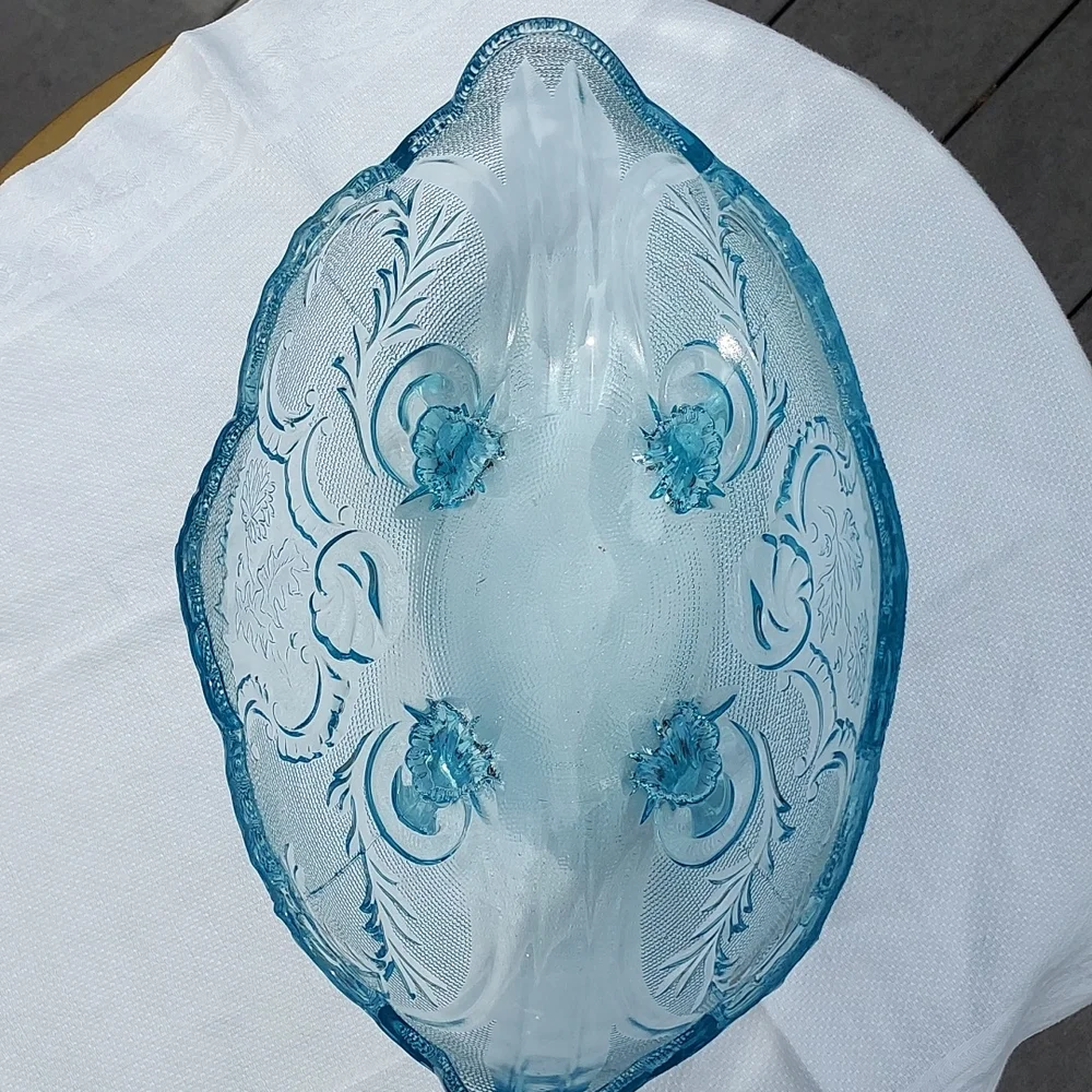 Vintage Jeannette mid century Pressed Glass Blue Footed Hombre  Compote Bowl MCM - Picture 11 of 17